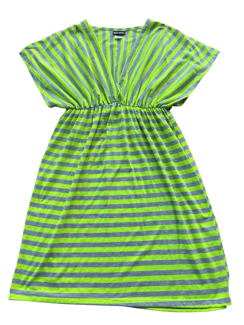 💟Ingear Women’s Neon Green & Gray Striped Empire Waist Dress Size S/M